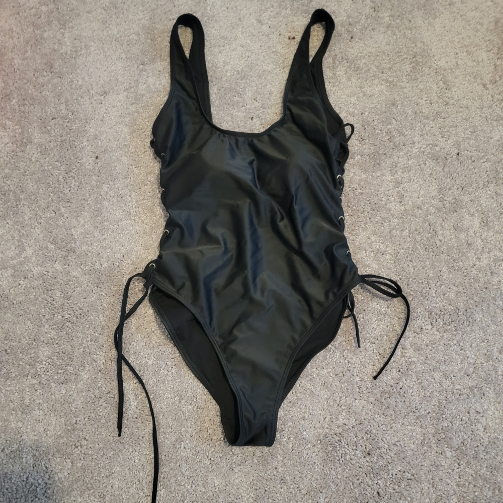 NWT- Black One Piece Swimsuit with Lace Up Sides